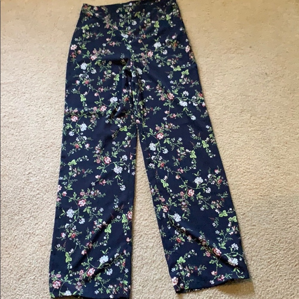 Boohoo Floral Wide Leg Long Zip Up Pants Navy